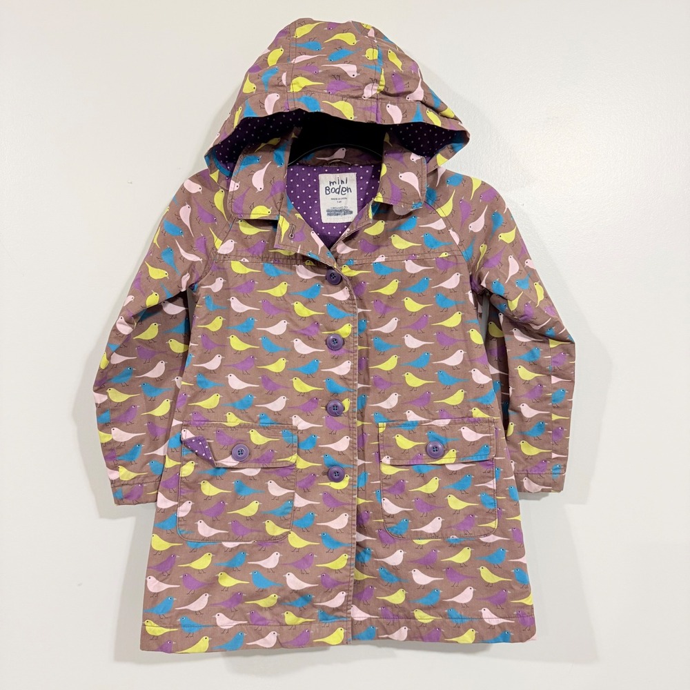 Mini Boden Bird Print Raincoat Girls 7-8Y Brown Fleece Lined Hooded Jacket